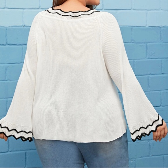 Plus flounce sleeve contrast trim pullover sweater - Picture 2 of 5